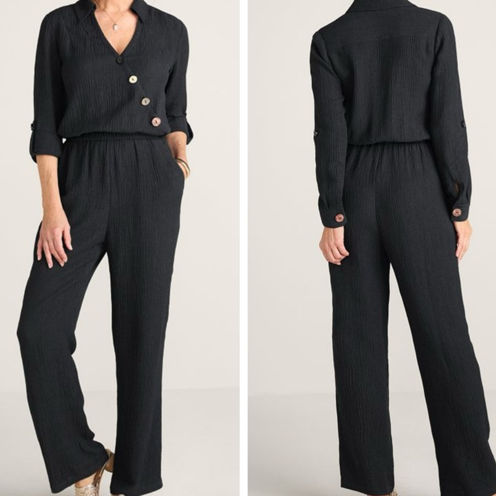 Soft Surroundings Cannes Jumpsuit W Pockets Xs Petite Black Crinkle Ramie Gauze